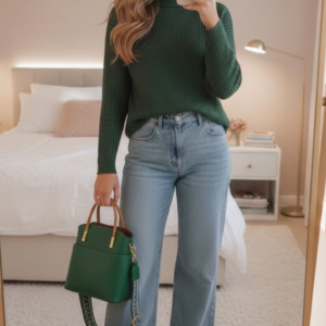 A woman taking a mirror selfie wearing a sage green oversized turtleneck sweater and high-waisted denim jeans holding a dark green handbag. Aesthetic Winter Outfit
