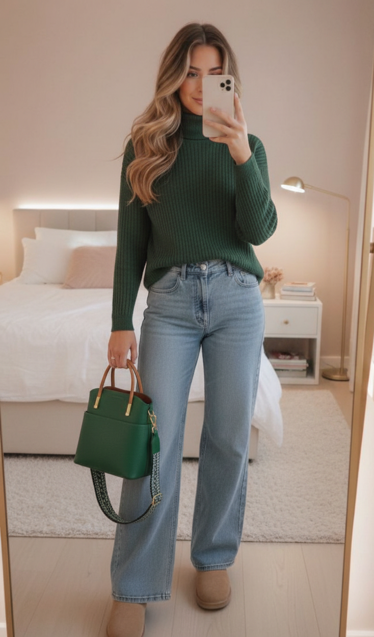 aesthetic winter outfit: cozy green sweater, denim & chic handbag A woman taking a mirror selfie wearing a sage green oversized turtleneck sweater and high-waisted denim jeans holding a dark green handbag. Aesthetic Winter Outfit