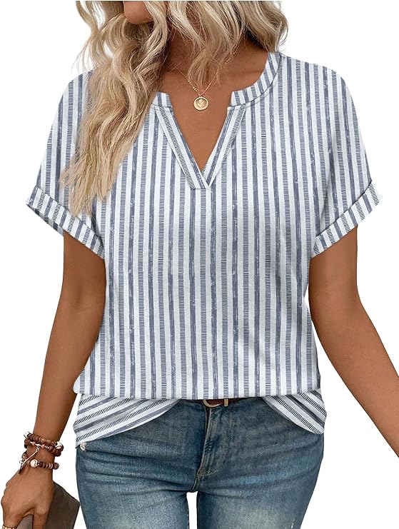 wiholl women's striped top: casual summer fashion 2026 WIHOLL Women's Striped V-Neck Top